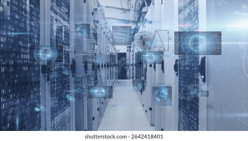 Highlighting server aisle running through data center, showing cable trays and digital overlays. Technology, data, cyberspace, infrastructure, security, digital, innovation