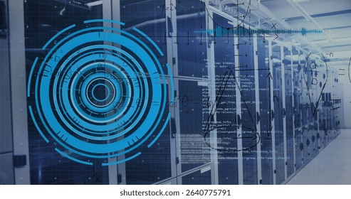 Highlighting server cabinets glowing with cable trays in data aisle, with HUD overlay, copy space. Technology, cybersecurity, digital, innovation, futuristic, infrastructure, enterprise
