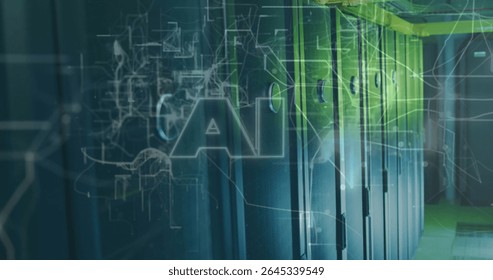 Highlighting server cabinets streaming circuit graphics in server room corridor, with AI overlay. Technology, data, cybersecurity, digital, innovation, networking, futuristic
