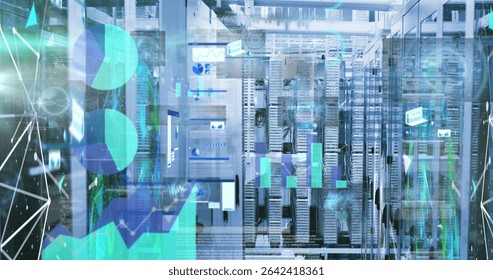 Highlighting server racks glowing with LED status lights in data center, with data overlays. Technology, data infrastructure, digital visualization, cybersecurity, modern, networking, industrial