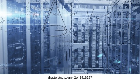 Highlighting server racks glowing with LEDs inside data center corridor with overlaid formulas. Technology, infrastructure, cybersecurity, digital, innovation, modern, networking