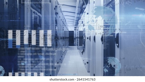 Highlighting server room corridor extending between racks and cable trays, charts and map overlays. Technology, data, infrastructure, network, cybersecurity, digital, futuristic