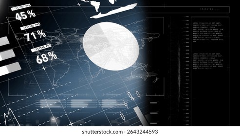 Highlighting white circular overlay focusing map region on analytics dashboard, with test bars. Technology, data visualization, futurism, digital interface, analytics, interface design, information
