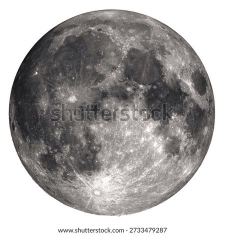 A highly detailed 3D render of a full moon using a 23K displacement map isolated on a white background. Some elements of this image provided by NASA.