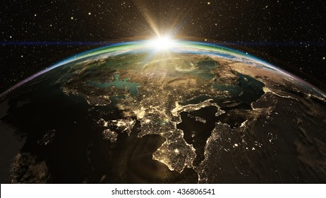 Highly Detailed Epic Sunrise Over World Skyline. Planet Earth Europe Zone With Night Time City. 3D Rendering Using Satellite Imagery (NASA)