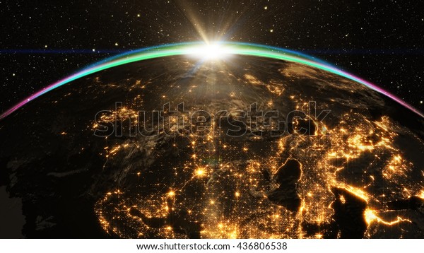 Highly detailed epic sunrise over world skyline.\
Planet earth Europe zone with night time city. 3D Rendering using\
satellite imagery (NASA)
