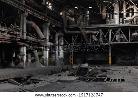 Highly detailed image of the interior of an abandoned factory with pipes and rusty metal structures, highly detailed panorama.