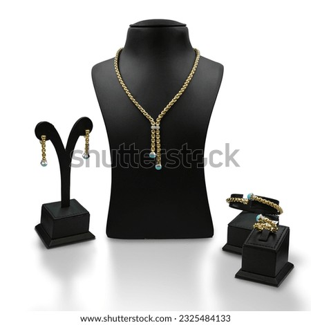 Highly detailed Jewelry gold and diamond full Set (neckless - earing - ring - bangle) with white background