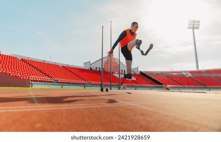 Highly motivated handsome caucasian sporty handicapped man in sportswear and with artificial leg stretching before running while standing on the racetrack. Sport Concept, Inspiration Concept, Copy Spa