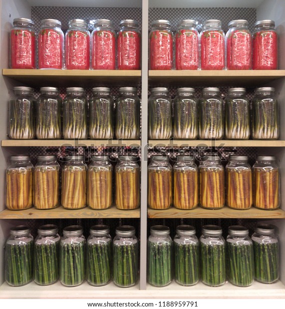 Highly Organized Pantry Stocked Shelves Uniformly Stock Photo