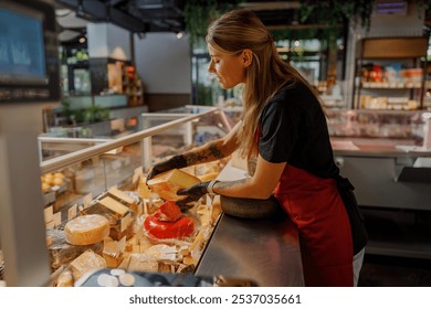 A highly skilled vendor is thoughtfully serving an impressive variety of gourmet cheeses in a lively deli setting - Powered by Shutterstock