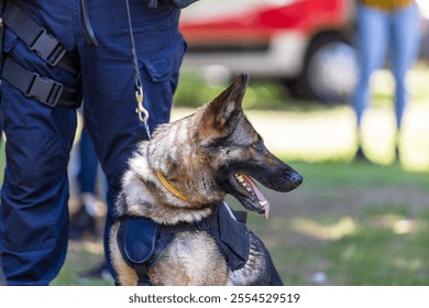 A highly trained German Shepherd police dog, equipped with a harness, standing alert and focused during an outdoor duty - Powered by Shutterstock