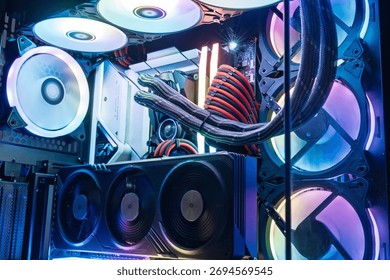 A high-performance computer system with RGB lighting and liquid cooling. Ideal for gaming and video editing, it combines peak performance with stunning visuals for tech enthusiasts.