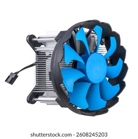 Highperformance CPU cooler is equipped with an elegant blue fan and aluminum radiator isolated on white