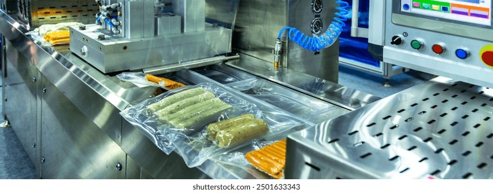 High-performance machines are wrapping processed fresh food products, pork, sausages.food production lines on conveyor belts, food production industry