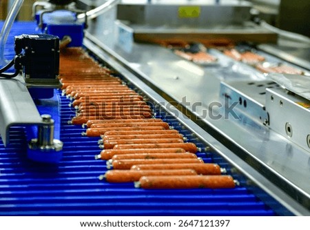 High-performance machines are wrapping processed fresh food products sausages. food production lines on conveyor belts, food production industry