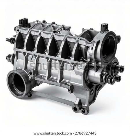 A high-precision cast metal engine block component featuring complex structural ribs and mechanical ports, isolated on a clean white background.