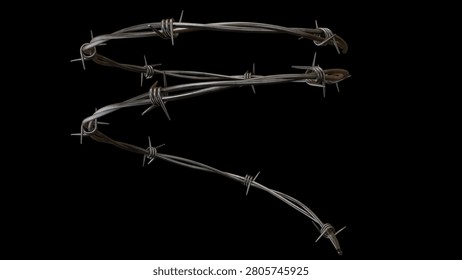 A high-quality 3D render of a spiral of sharp, rusty barbed wire isolated on a black background, representing security and restriction.