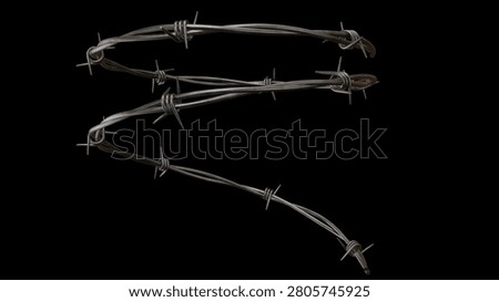 A high-quality 3D render of a spiral of sharp, rusty barbed wire isolated on a black background, representing security and restriction.