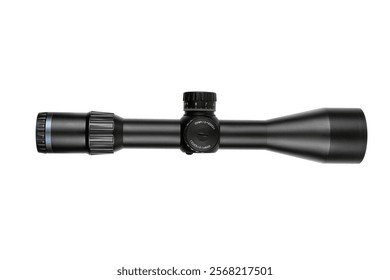 A high-quality black rifle scope with multiple adjustment knobs, precision optics, and a sleek design, ideal for hunting or tactical use.
