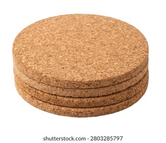 High-quality close-up of a stack of natural round cork coasters isolated on a white background. Eco-friendly heat-resistant drink coasters with realistic cork texture, ideal for kitchen, dining, home décor, beverage protection, hospitality, sustainable living, and commercial stock photography projects.