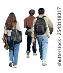 High-quality cutout of three people walking together. Casual and stylish group of people attire with backpacks and bags for lifestyle, urban fashion, 3d render, visualization, archviz