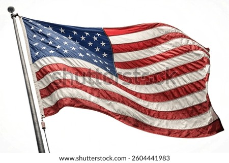 A high-quality image of the American flag waving in the wind, symbolizing patriotism, freedom, and national pride.