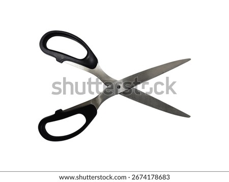 High-quality image of open scissors with black handles on a white background, perfect for craft, office, or cutting concepts.