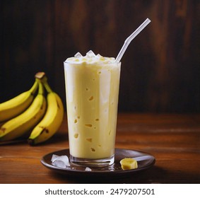 High-quality photo of a fresh banana milkshake, showcasing its creamy texture and vibrant yellow color. - Powered by Shutterstock