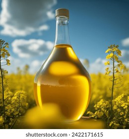 High-quality photo of yellow rapeseed fields against the background of a beautiful blue sky, and in the middle there is a large glass bottle with vegetable oil