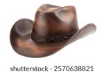 High-Quality PNG Brown Leather Cowboy Hat with Embossed Band Isolated on White