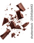 High-Quality PNG Chocolate bar pieces falling on white background. Milk Chocolate explosion crumbs and shavings Isolated on White Background – High Resolution