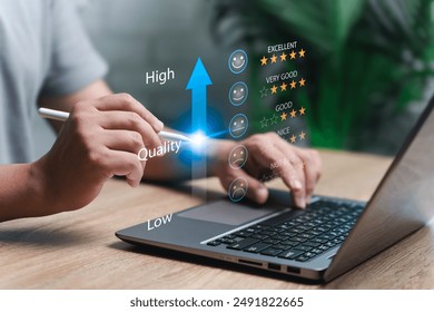 High-quality target and development of services maximum customer satisfaction, Man gives satisfaction guarantee on Quality level bar, High score satisfaction premium service, excellence, Certification