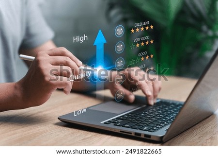 High-quality target and development of services maximum customer satisfaction, Man gives satisfaction guarantee on Quality level bar, High score satisfaction premium service, excellence, Certification