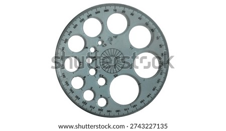 High-quality top view of a plastic circular template ruler with various hole sizes and a 360-degree protractor scale. This essential stationery tool is perfect for architects, engineers, students, and artists needing precision in geometric drawing, technical drafting, or mathematical projects. Clean, professional look on a crisp white background.