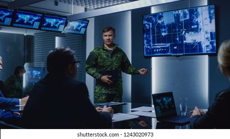 High-Ranking Military Man Holds A Briefing To A Team Of Government Agents And Politicians, Shows Footage Of Satellite Following Target Car Surveillance.