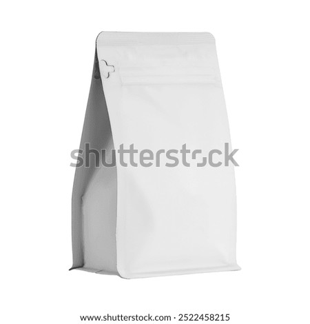 High-res image of a white plastic coffee pouch on a white background, perfect for product presentations. Clean, modern design emphasizing premium coffee packaging.