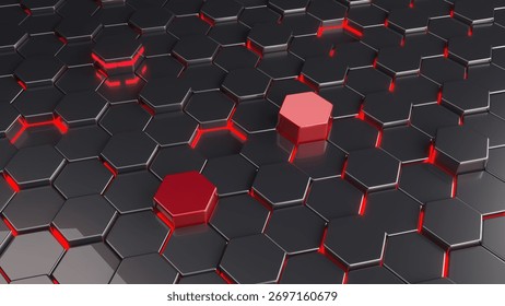 High-resolution 3d render of a sleek, dark honeycomb surface with vibrant red glowing accents and two contrasting raised red hexagons