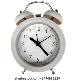 A high-resolution 4K image of a vintage-style alarm clock isolated on a white background. The clock features a classic design with twin bells on top, a white face, black hands, and black numbers, offe - Powered by Shutterstock