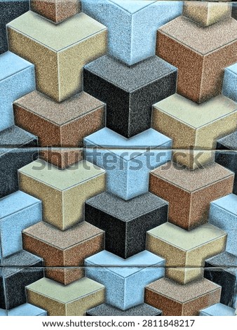 A high-resolution abstract geometric background featuring a seamless arrangement of interlocking 3D cube shapes in neutral tones of beige, gray, black, brown, and light blue. The textured surface creates depth and a modern architectural illusion, making it ideal for wallpapers, interior design, packaging, presentations, websites, branding, and graphic design projects.