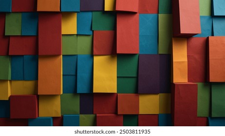 high-resolution abstract image featuring a multitude of rectangular shapes in a spectrum of bold colors. The overlapping layers create a visually striking and textured effect, 