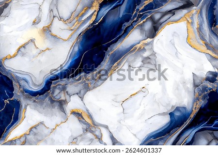 A high-resolution abstract marble texture featuring rich navy blue, white, and gray tones accented with elegant gold veining. This luxurious and modern design is perfect for digital backgrounds, inter