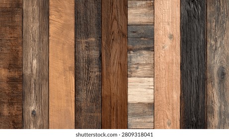 A high-resolution background featuring a collection of vertical wooden planks with varying shades of brown, textures, and grain patterns.