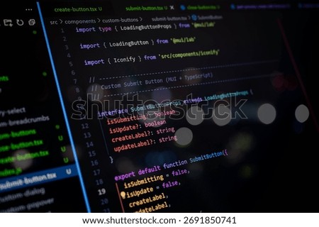 High-resolution close-up of a TypeScript file in VS Code showing UI component interface, imports, and export default function. Perfect for software development, programming, and tech content.