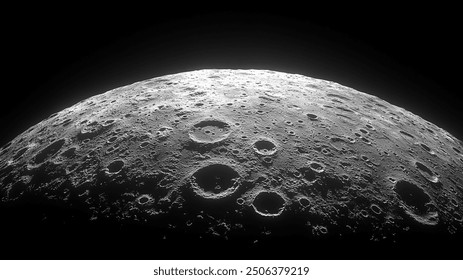 High-resolution image capturing the lunar surface at the edge of dawn, with the sun's light casting subtle shadows across the rugged terrain. The photograph showcases the moon's craters and uneven lan