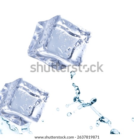High-resolution image of clear ice cubes splashing in crystal-clear water. Isolated on a white background. Ideal for beverage ads, freshness concepts, drink packaging, and cold water themes.