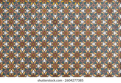 A high-resolution image of an intricate wooden geometric pattern inspired by traditional Islamic and Middle Eastern art. Perfect for backgrounds, decor, and architectural designs.
