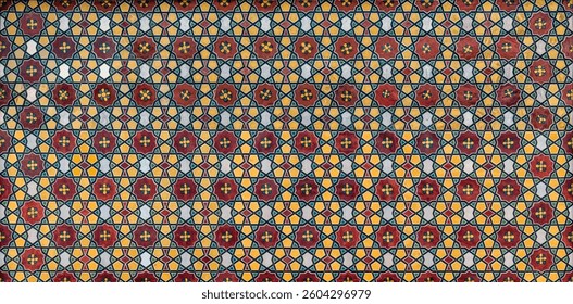 A high-resolution image of an intricate wooden geometric pattern inspired by traditional Islamic and Middle Eastern art. Perfect for backgrounds, decor, and architectural designs.
