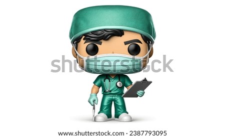 High-resolution image of a male Funko Pop figure as a dedicated surgeon. His oversized head and large, round eyes exude professionalism. Dressed in green scrubs, surgical mask, and cap, he holds a cli
