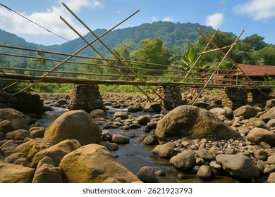 A high-resolution image of a rustic bamboo bridge crossing a rocky stream in a lush tropical setting on Jember Indonesia, with a red-roofed shelter and distant green mountains in the background.